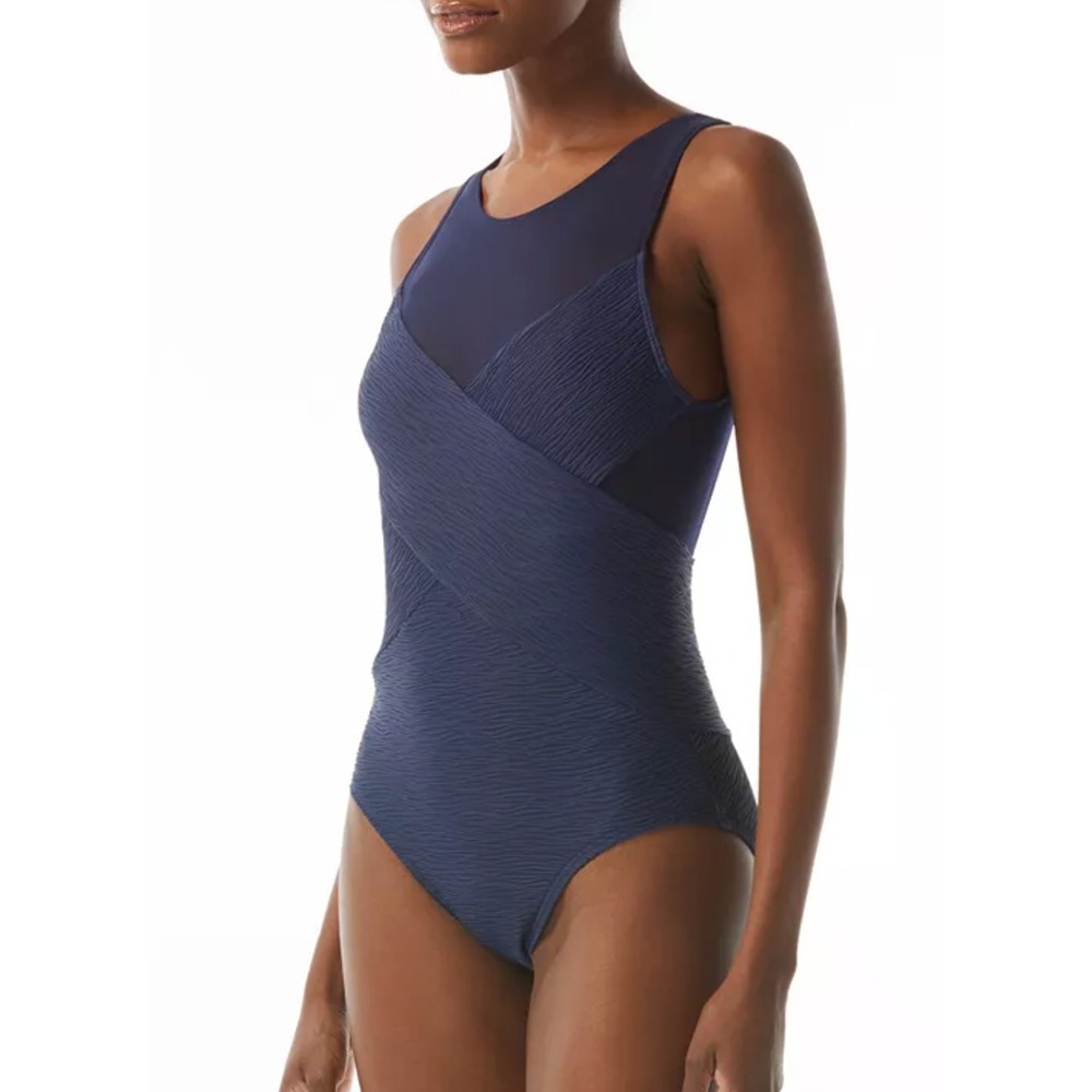 Carmen Marc Valvo One Piece Swimsuit 10 Navy Mesh Wrap Slimming Luxury Vacation